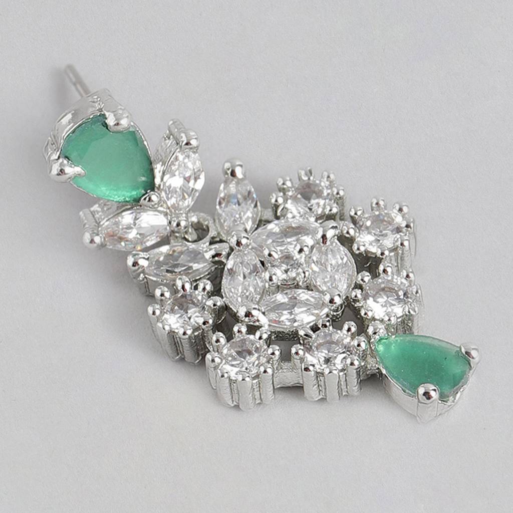 Estele Rhodium Plated Cz Ravishing Drop Earrings With Green Stones For Women : AD-708-IR-GNERER
