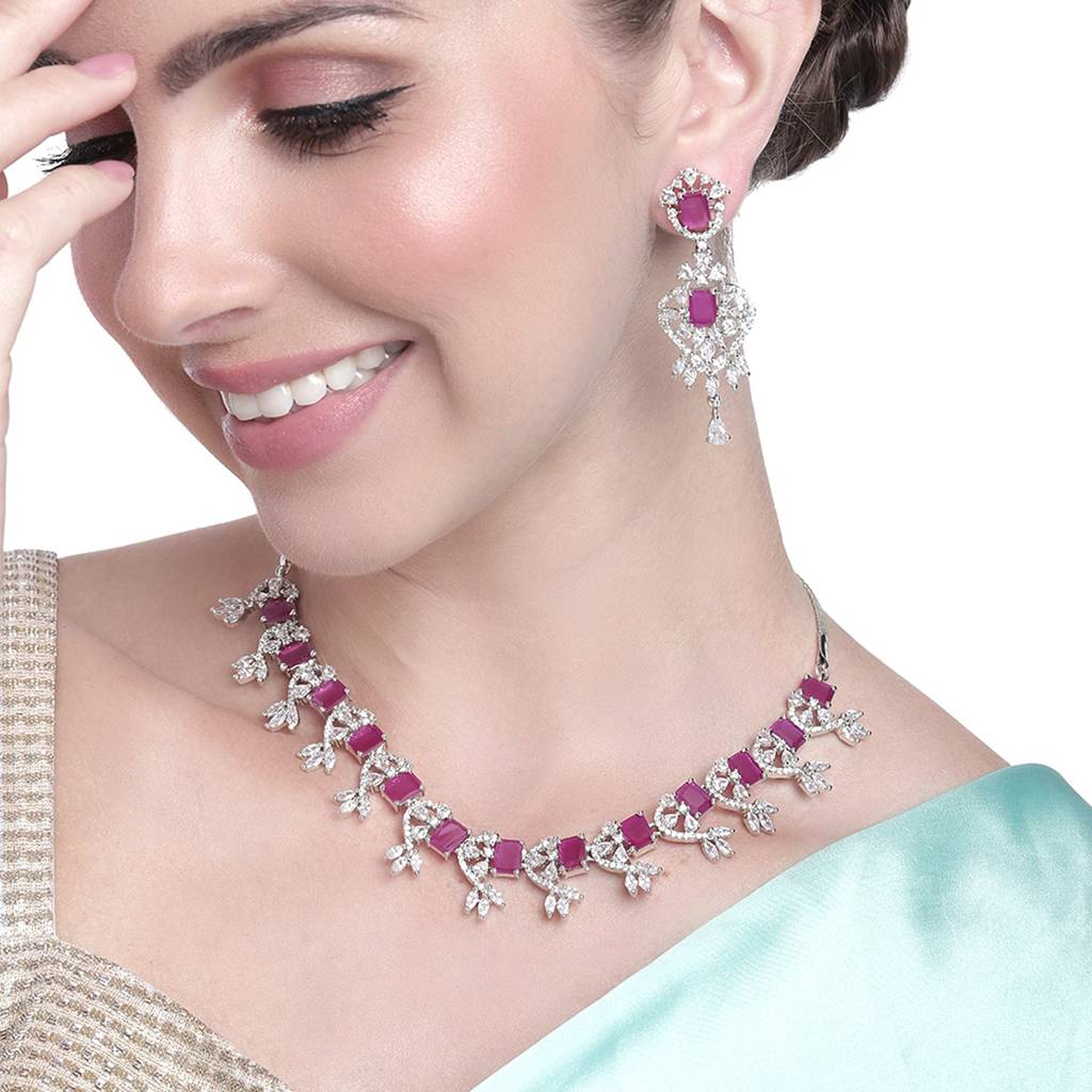 Estele Rhodium Plated Cz Magnificent Designer Necklace Set With Ruby Stones For Women : AD-711-IR-RBNKER