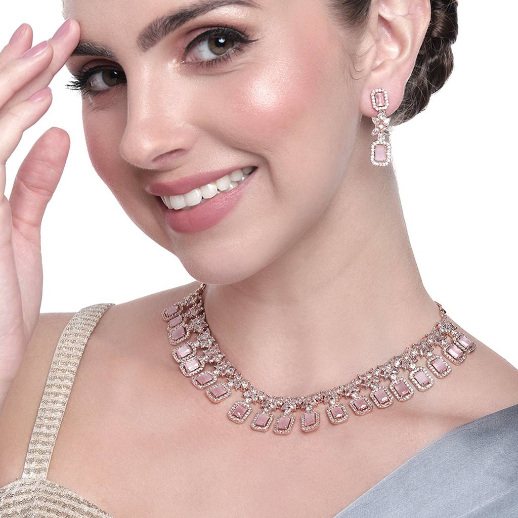 Estele Rose Gold Plated Cz Fascinating Necklace Set With Pink Crystals For Women : AD-712-RG-MPNKER