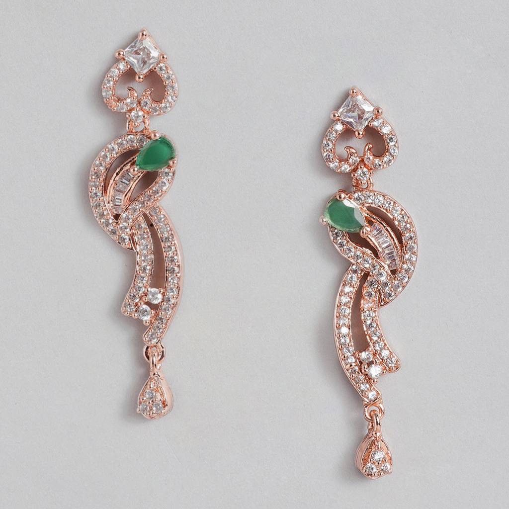 Estele Rose Gold Plated Cz Glittering Drop Earrings With Green Stones For Women : AD-720-RG-GNERER