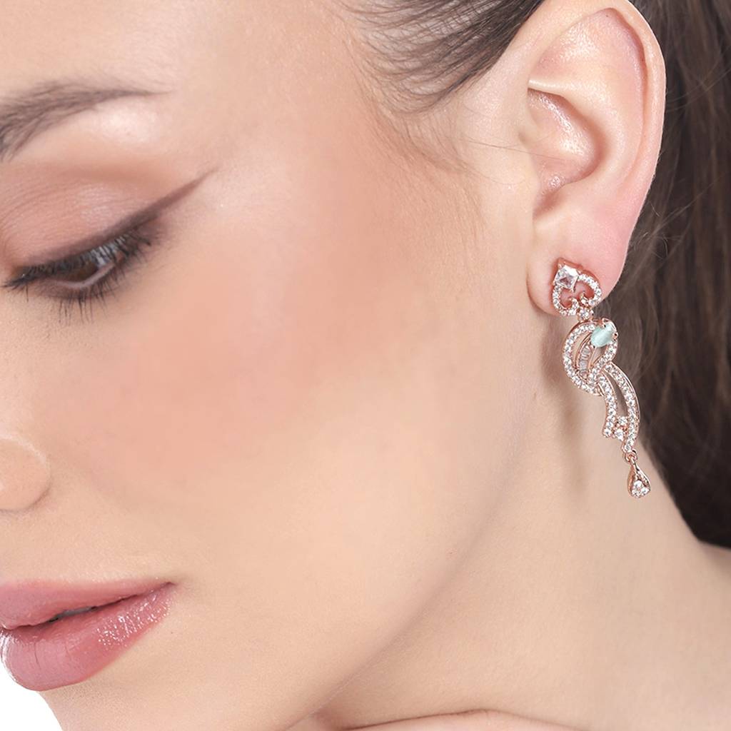 Estele Rose Gold Plated Cz Glittering Drop Earrings With Mint Green Stones For Women : AD-720-RG-MGERER