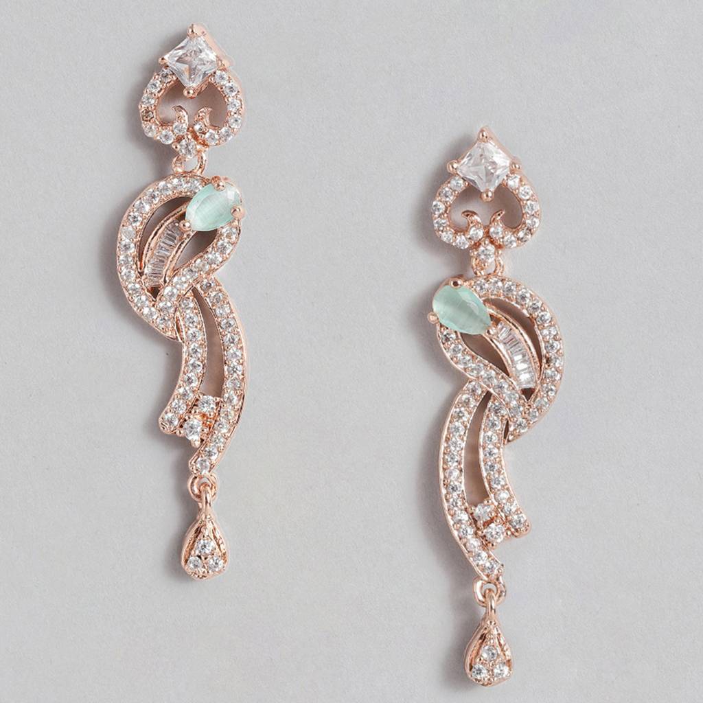Estele Rose Gold Plated Cz Glittering Drop Earrings With Mint Green Stones For Women : AD-720-RG-MGERER