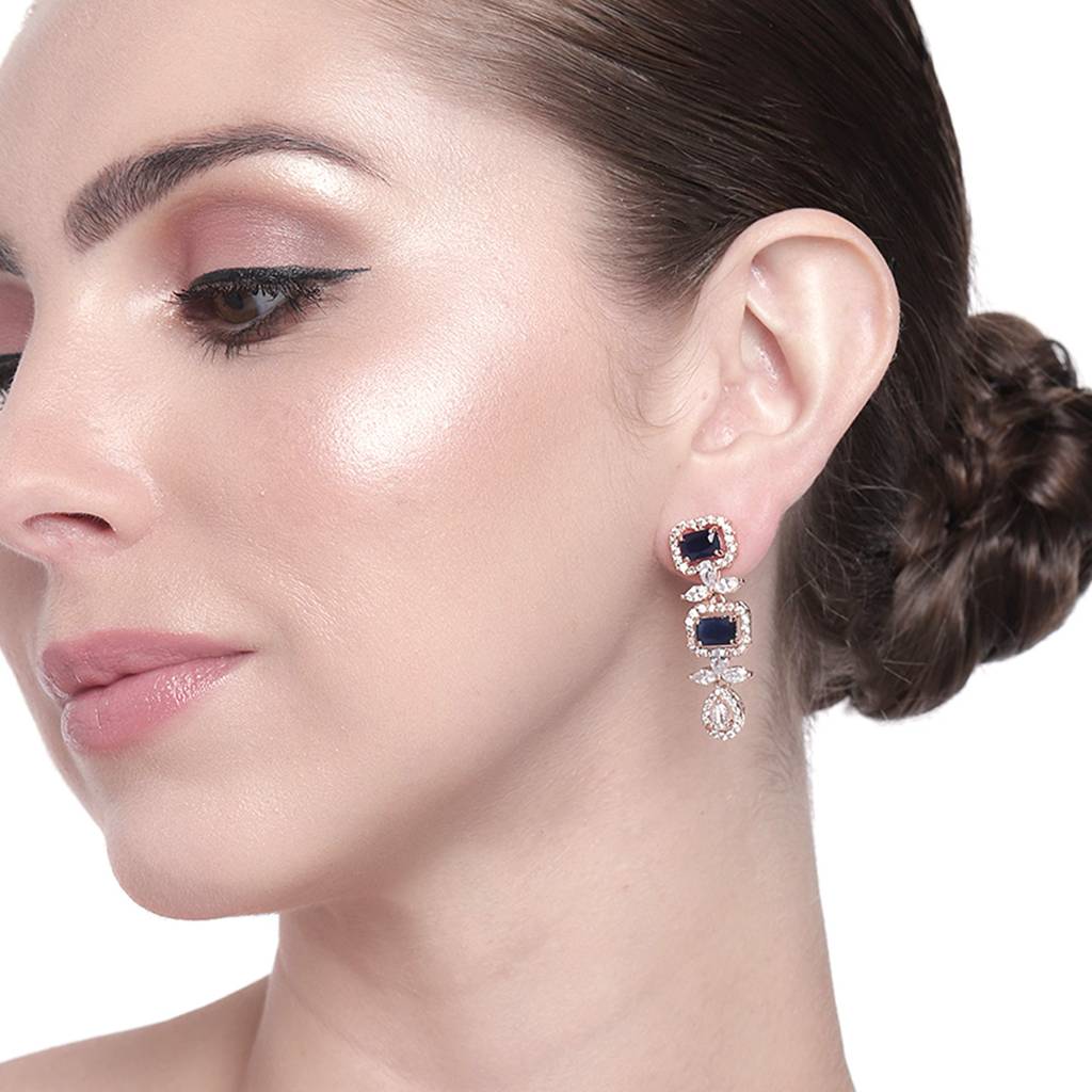Estele Rose Gold Plated Cz Magnificent Earrings With Blue Stones For Women : AD-721-RG-BLERER