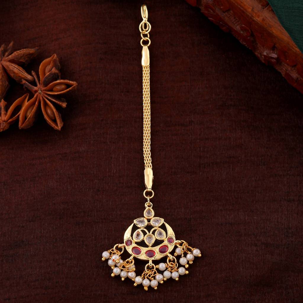 Estele Gold Plated Cz Gorgeous Designer Maang Tikka With Pearls For Women : AD-MT-009-IGTIKAA