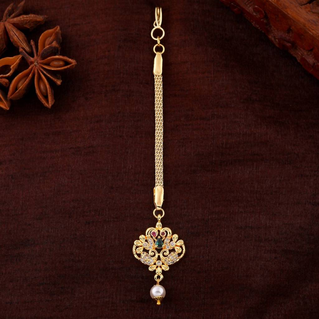 Estele Gold Plated Cz Entwined Peacock Designer Maang Tikka With Pearl For Women : AD-MT-010-IGTIKAA