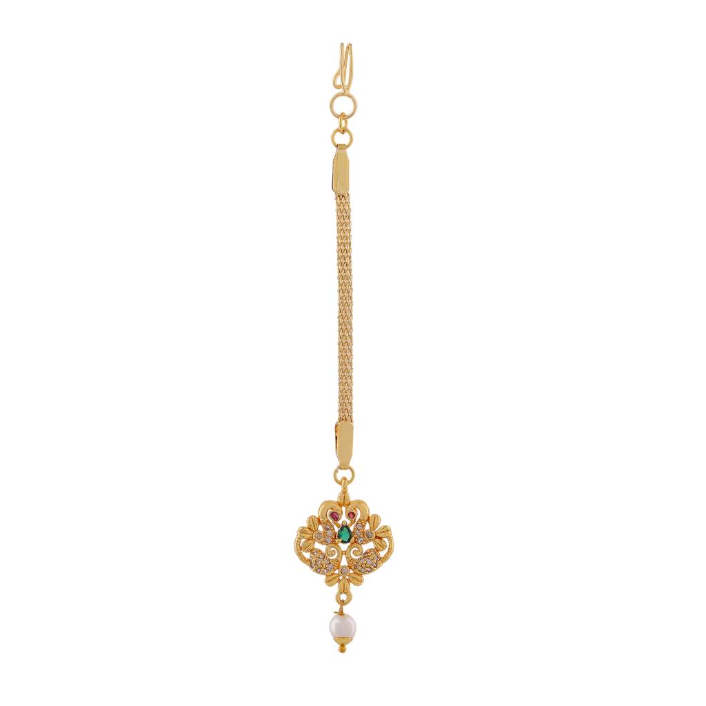 Estele Gold Plated Cz Entwined Peacock Designer Maang Tikka With Pearl For Women : AD-MT-010-IGTIKAA