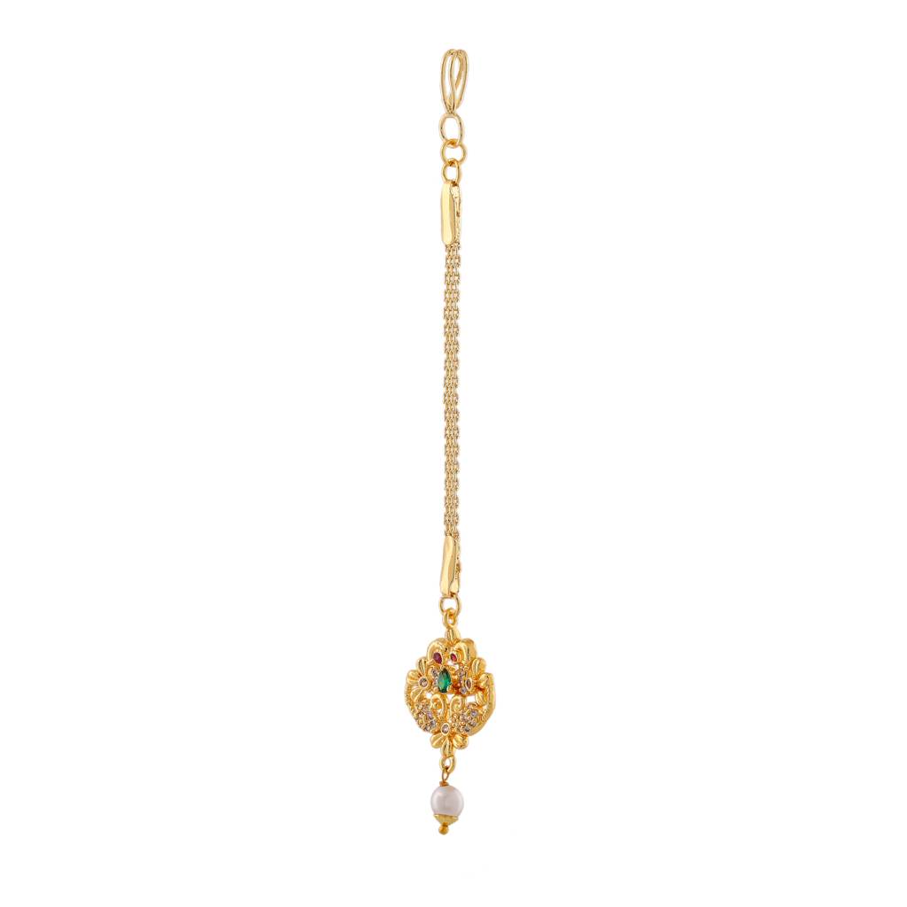 Estele Gold Plated Cz Entwined Peacock Designer Maang Tikka With Pearl For Women : AD-MT-010-IGTIKAA