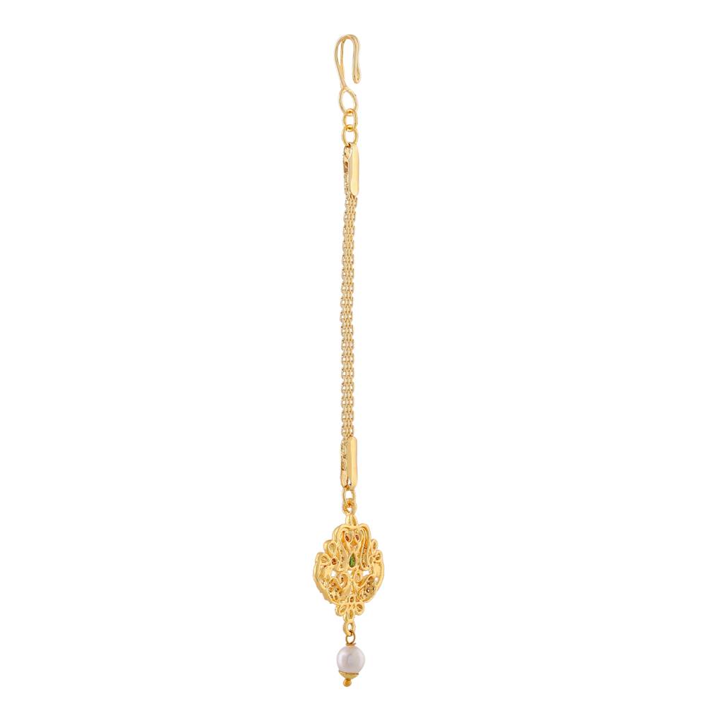 Estele Gold Plated Cz Entwined Peacock Designer Maang Tikka With Pearl For Women : AD-MT-010-IGTIKAA