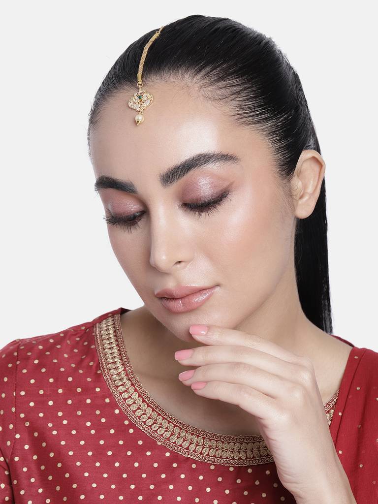 Estele Gold Plated Cz Entwined Peacock Designer Maang Tikka With Pearl For Women : AD-MT-010-IGTIKAA