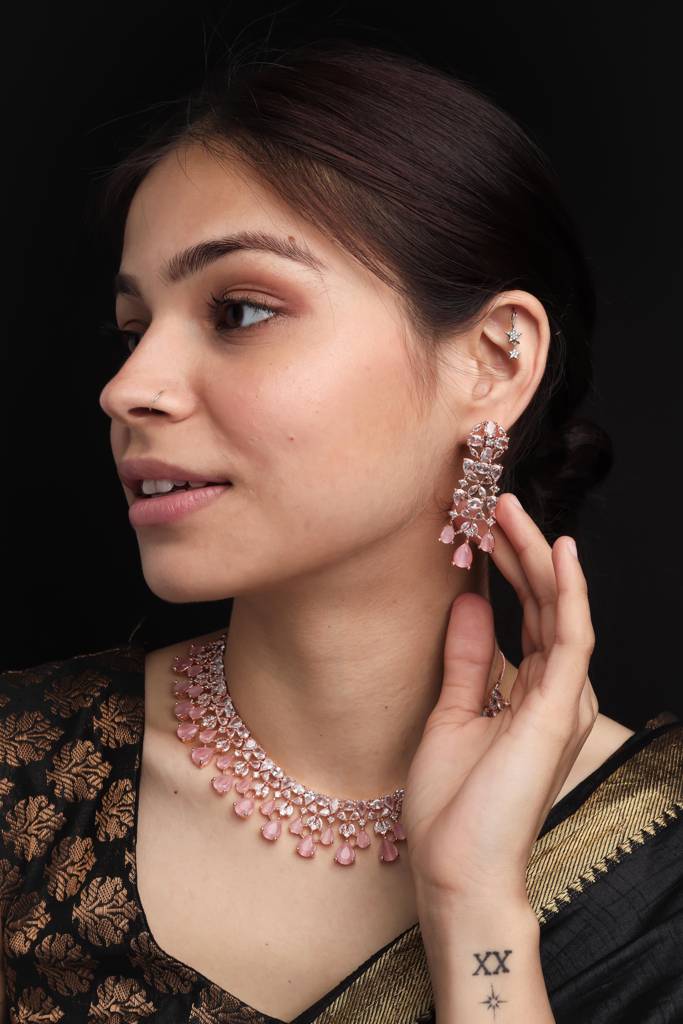 Elegant Silver Plated Cubic Zirconia Party Wear Fusion Necklace Set : AD116RGPink