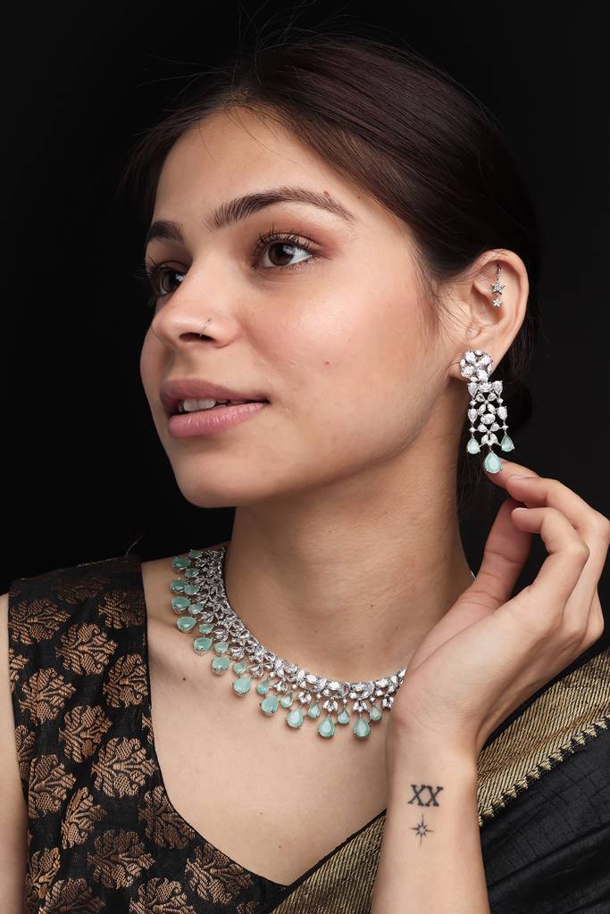 Elegant Silver Plated Cubic Zirconia Party Wear Fusion Necklace Set : AD116SilverMint