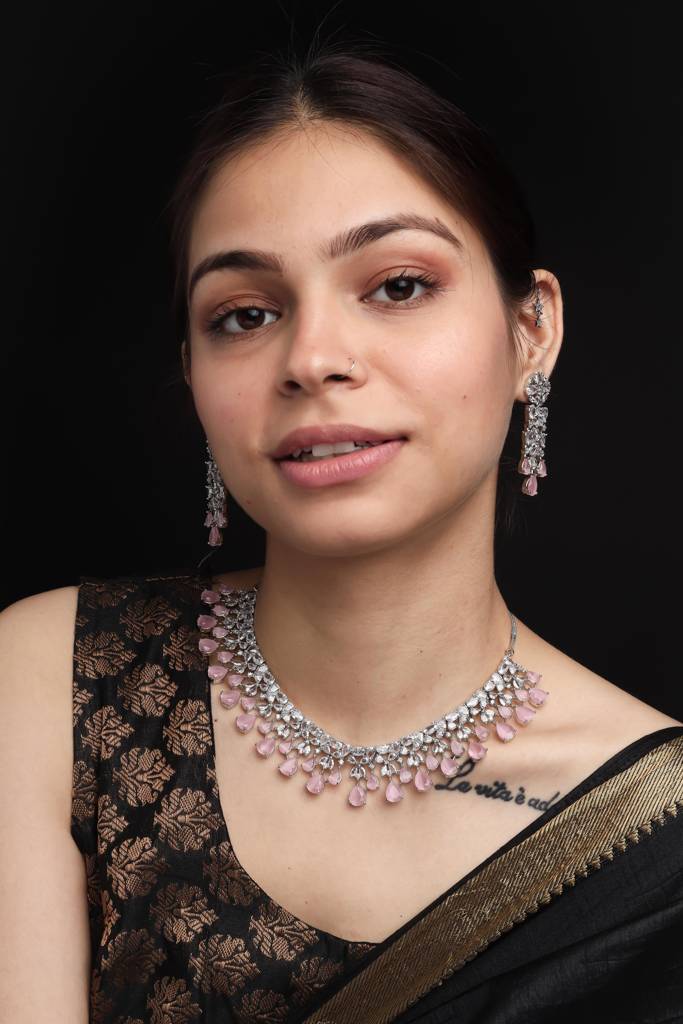 Elegant Silver Plated Cubic Zirconia Party Wear Fusion Necklace Set : AD116SilverPink