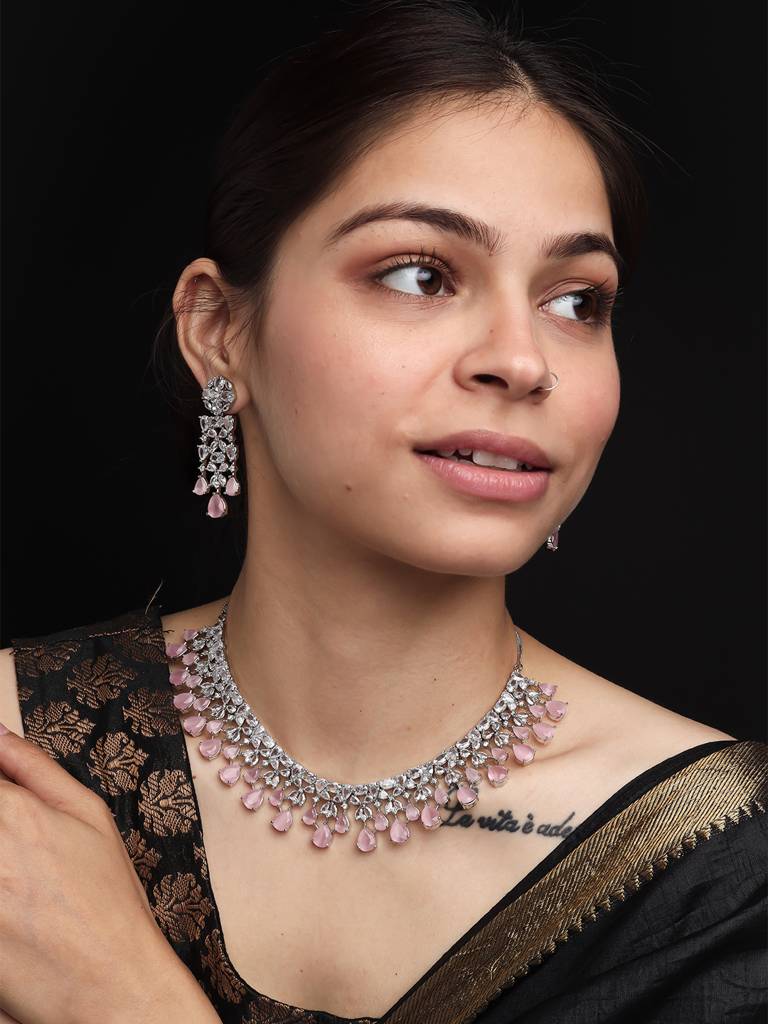 Elegant Silver Plated Cubic Zirconia Party Wear Fusion Necklace Set : AD116SilverPink