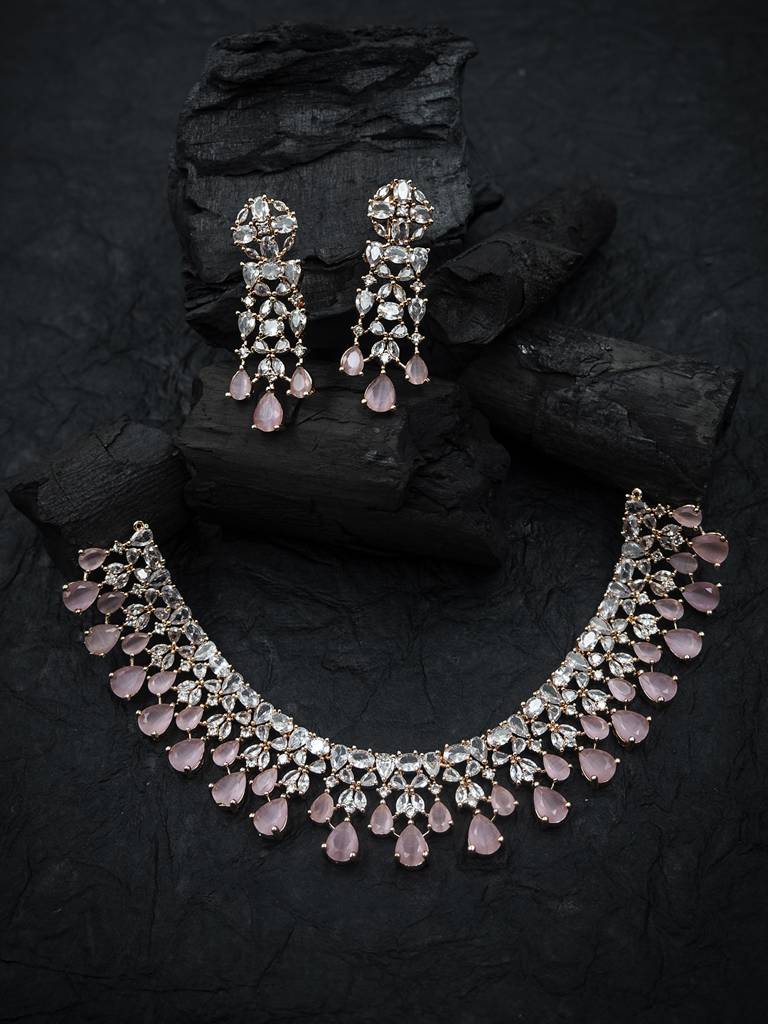 Elegant Silver Plated Cubic Zirconia Party Wear Fusion Necklace Set : AD116RGPink