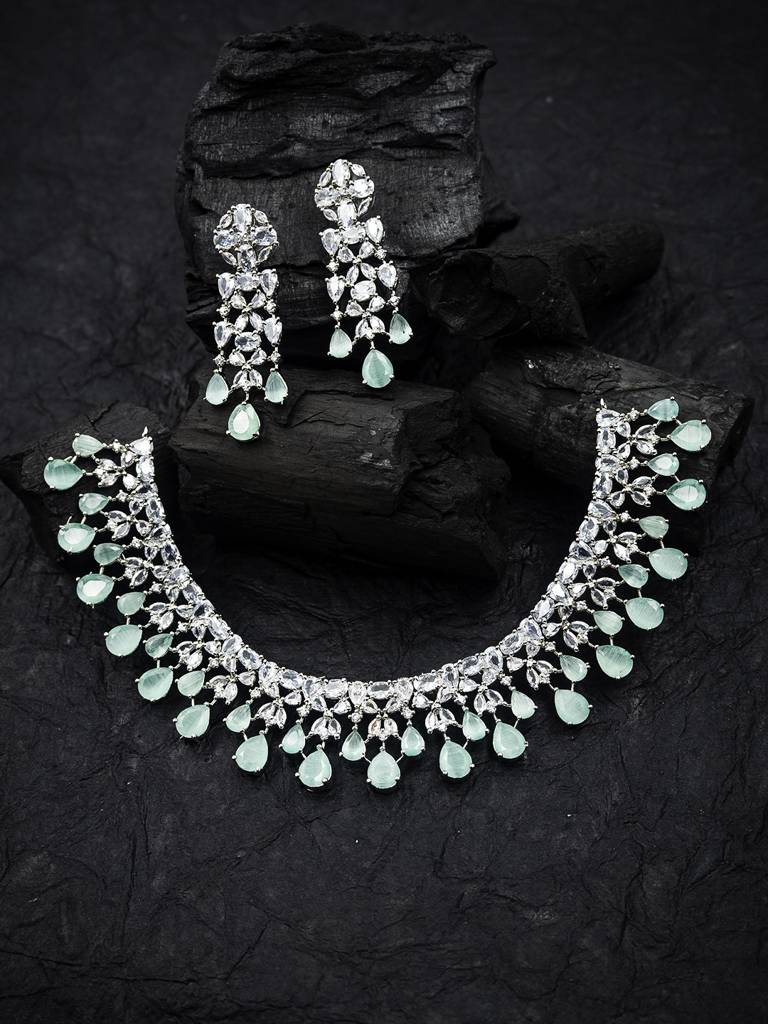 Elegant Silver Plated Cubic Zirconia Party Wear Fusion Necklace Set : AD116SilverMint