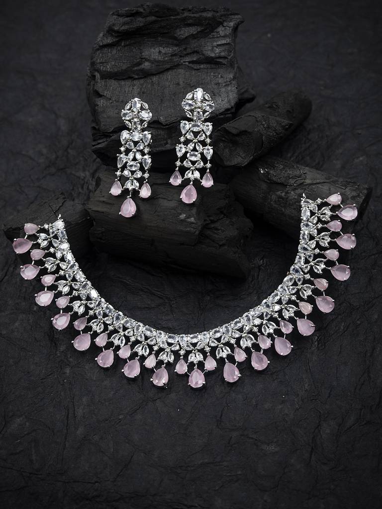 Elegant Silver Plated Cubic Zirconia Party Wear Fusion Necklace Set : AD116SilverPink