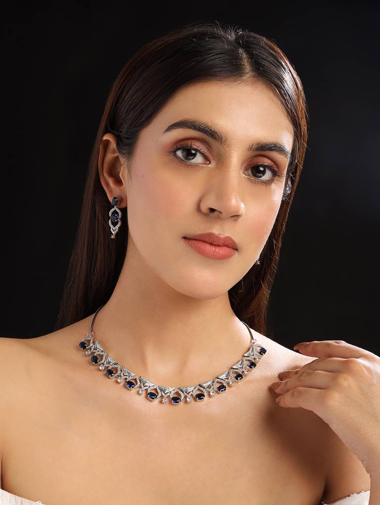 Silver-Plated Sleek Cut Work Cz Ad Necklace : AD126BLUE