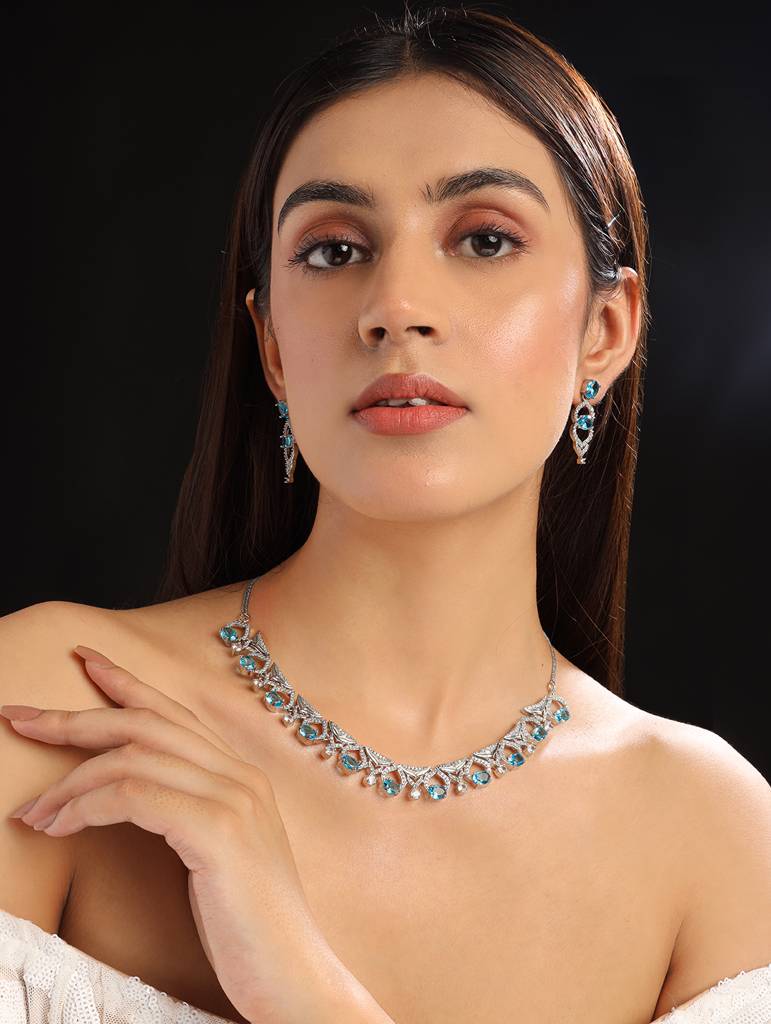 Silver-Plated Sleek Cut Work Cz Ad Necklace : AD126CRYSTALBLUEWHITE