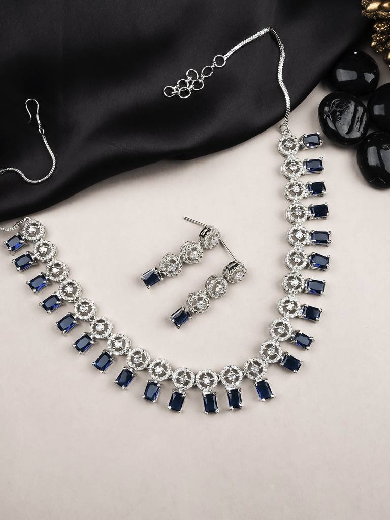 Silver Plated Square Ad Necklace Set : AD134BLUE