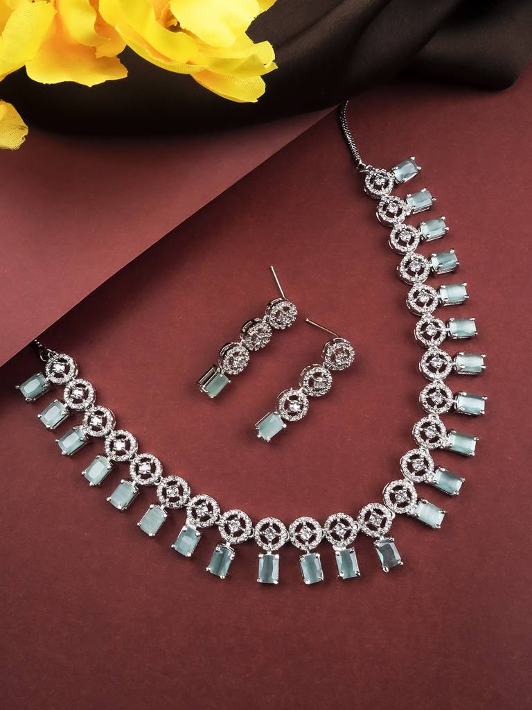 Silver Plated Square Ad Necklace Set : AD134MINT