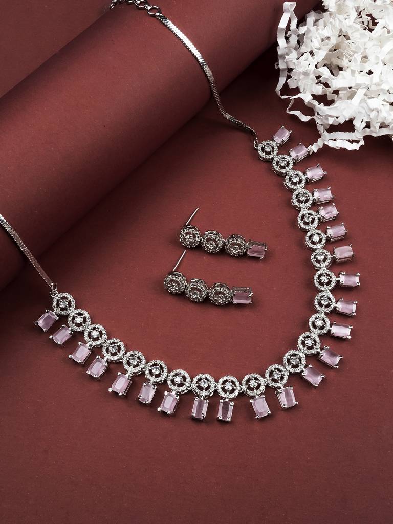 Silver Plated Square Ad Necklace Set : AD134PINK