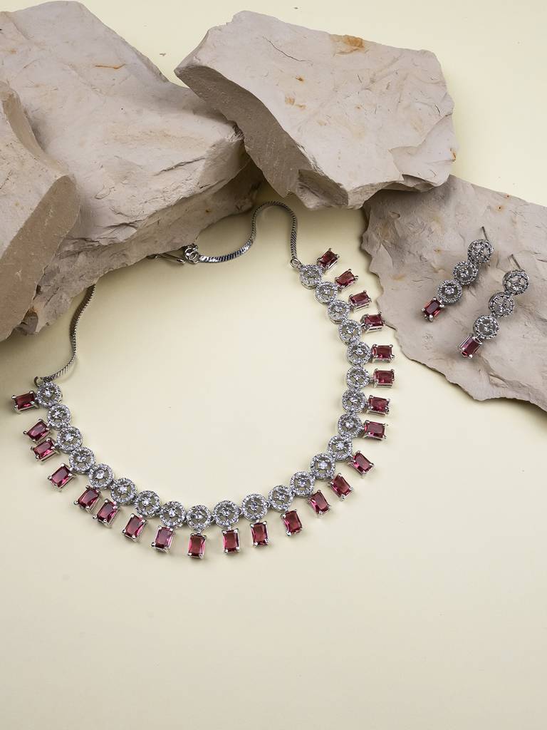 Silver Plated Square Ad Necklace Set : AD134RED