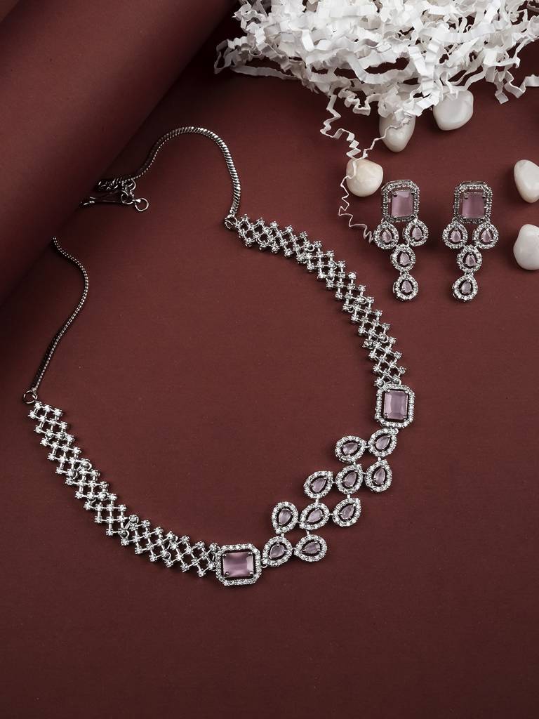 Ad Studded Leaf Necklace Setâ : AD135PINK