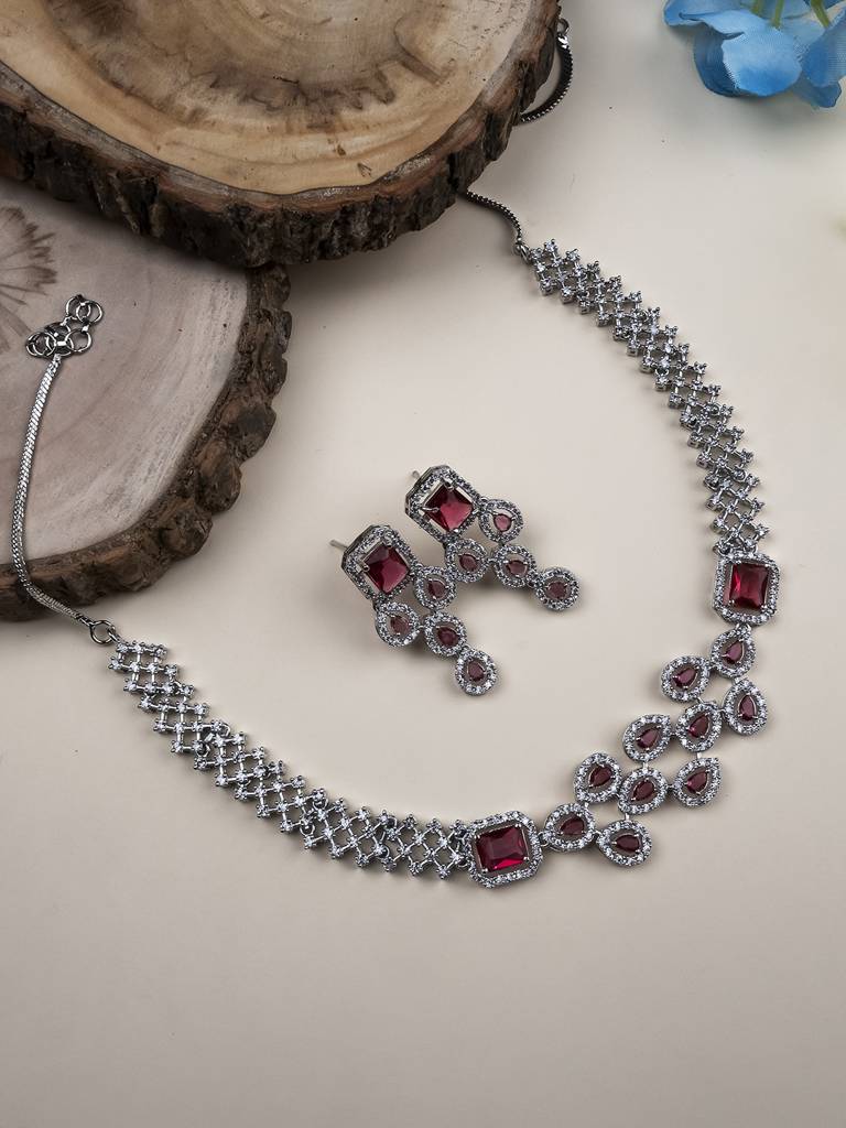 Ad Studded Leaf Necklace Setâ : AD135RED