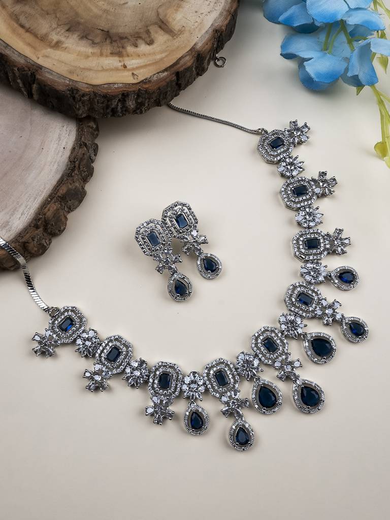 Silver Plated Brass Luxury American Diamond Necklace Set : AD136BLUE