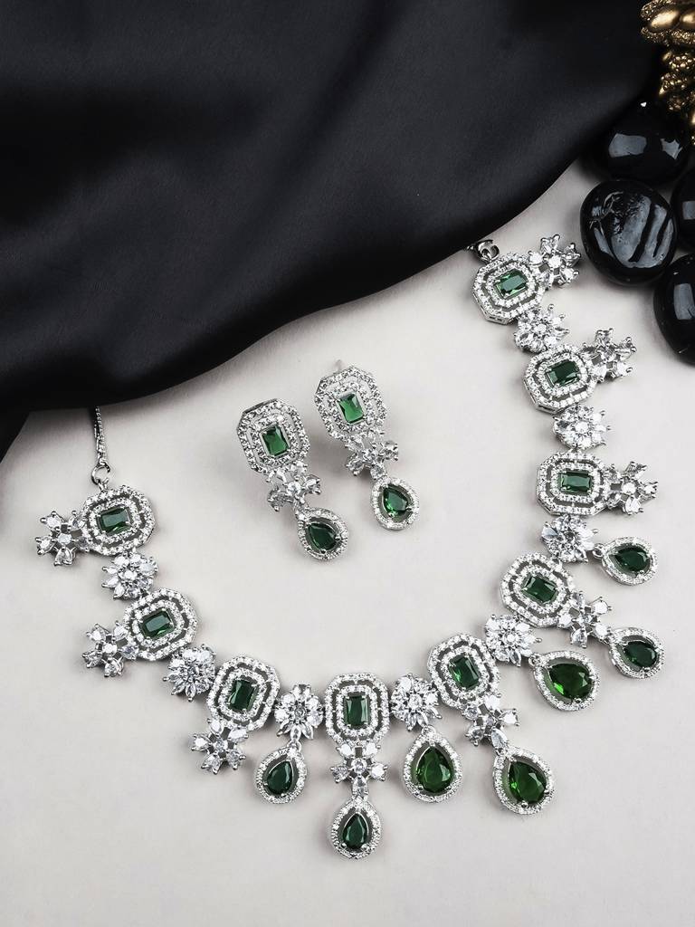 Silver Plated Brass Luxury American Diamond Necklace Set : AD136GREEN