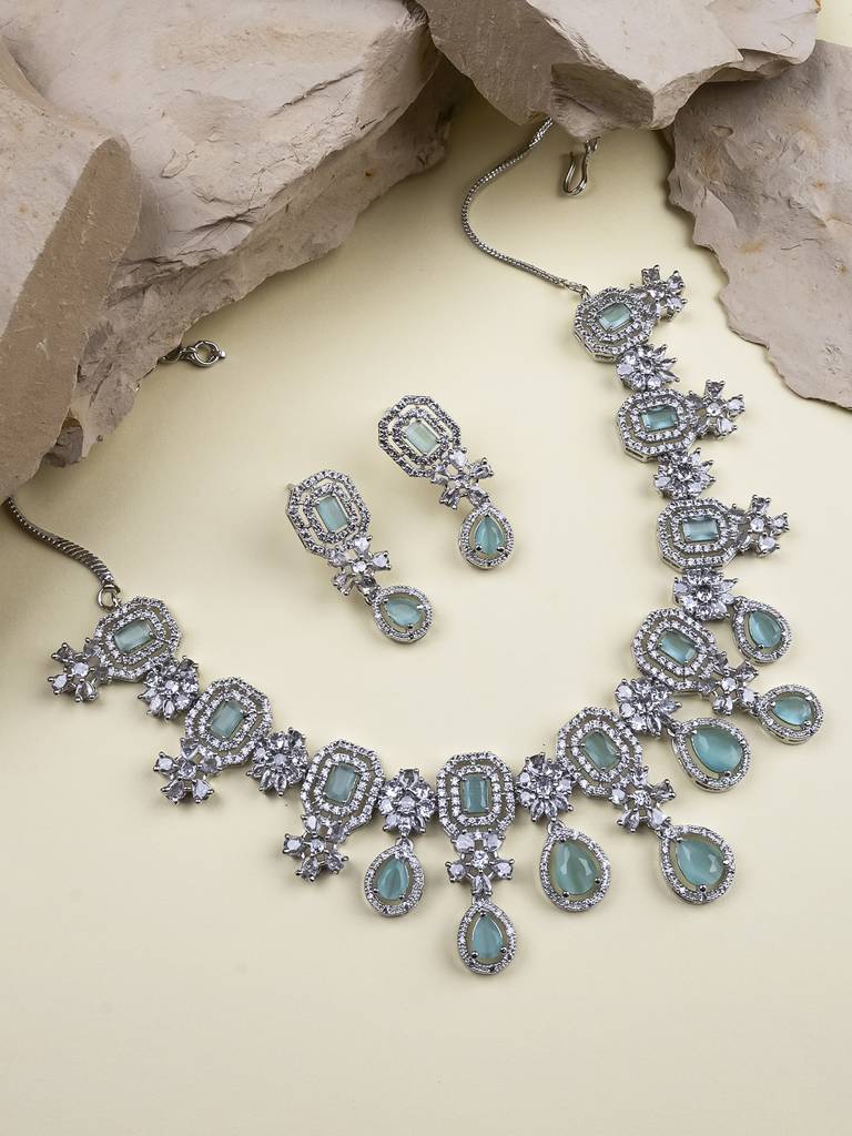 Silver Plated Brass Luxury American Diamond Necklace Set : AD136MINT