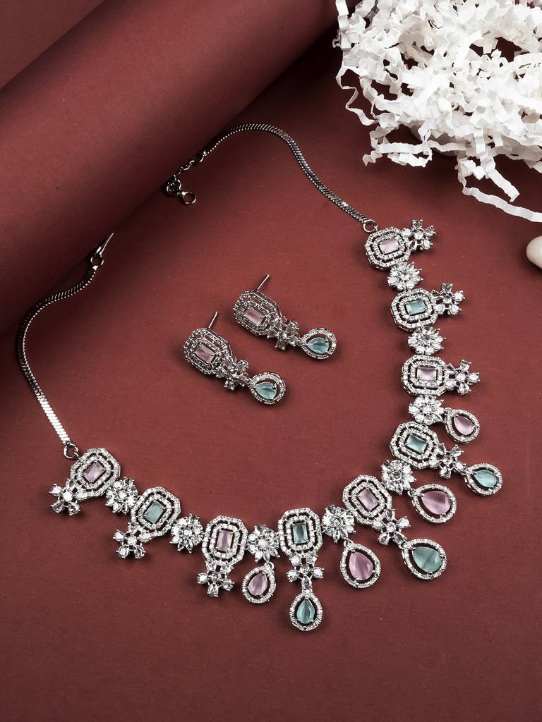Silver Plated Brass Luxury American Diamond Necklace Set : AD136MULTI