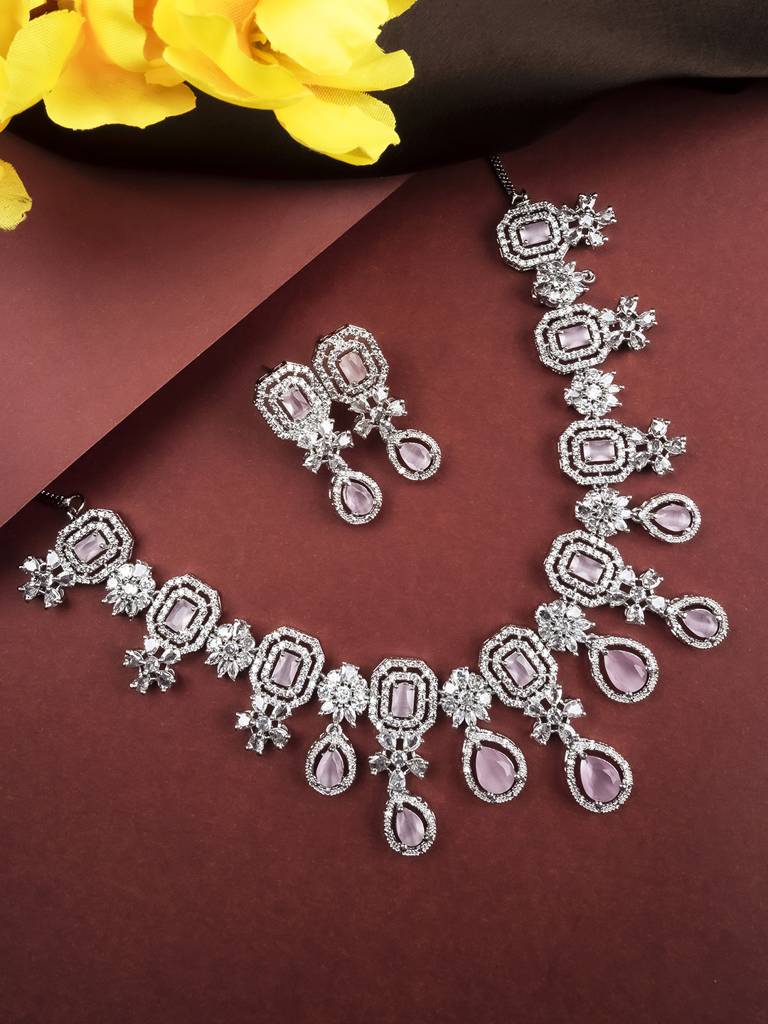 Silver Plated Brass Luxury American Diamond Necklace Set : AD136PINK