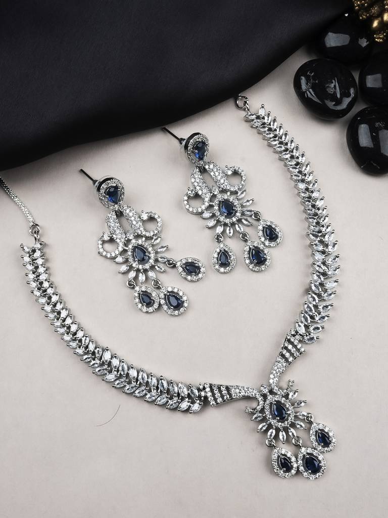 Princess Style Flower Ad Necklace Set With Long Earrings Set For Women/Girls - Wedding Jewelry/Party & Festival Ac : AD137BLUE