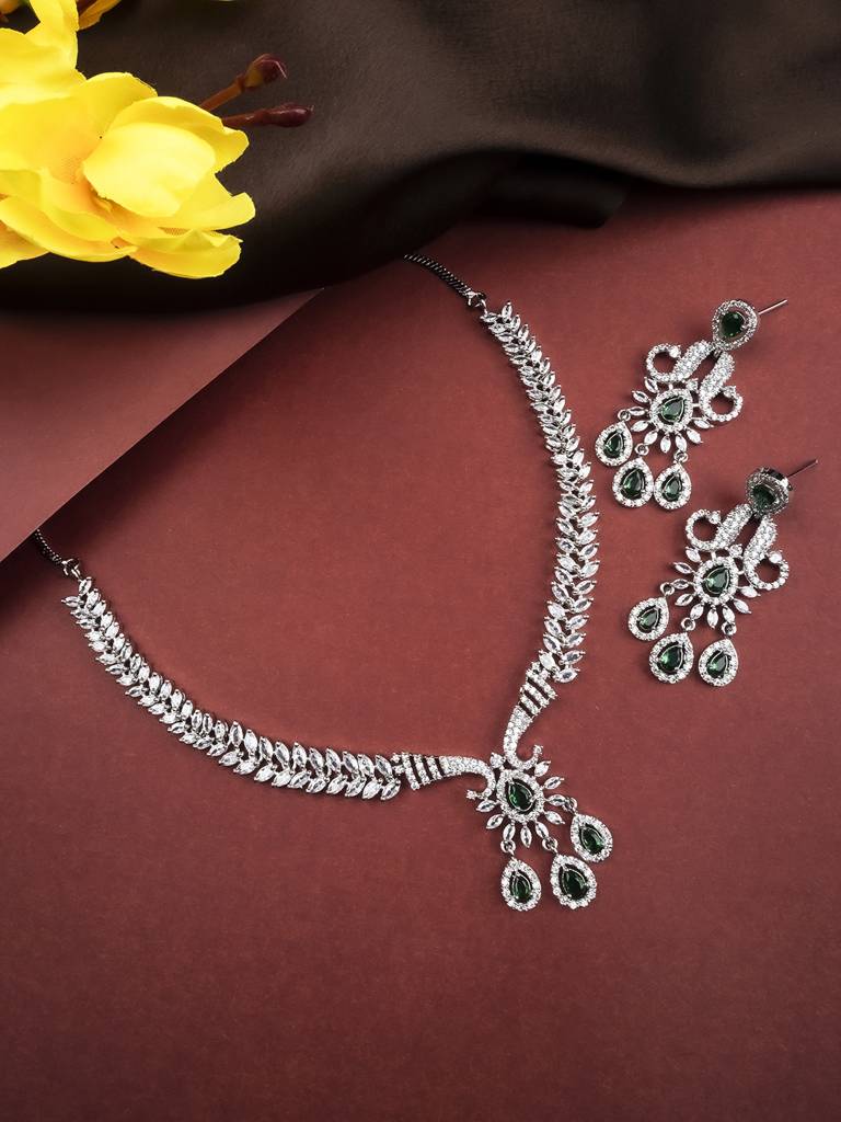 Princess Style Flower Ad Necklace Set With Long Earrings Set For Women/Girls - Wedding Jewelry/Party & Festival A : AD137GREEN