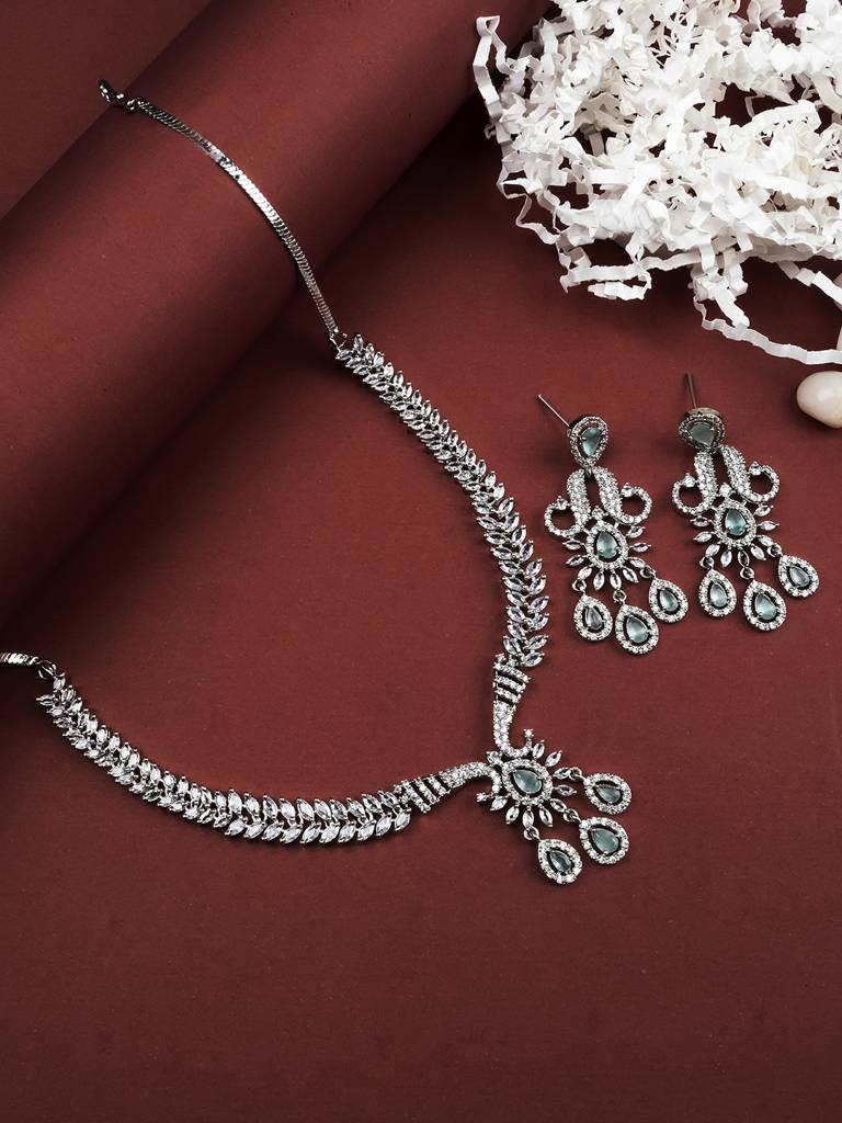 Princess Style Flower Ad Necklace Set With Long Earrings Set For Women/Girls - Wedding Jewelry/Party & Festival Ac : AD137MINT
