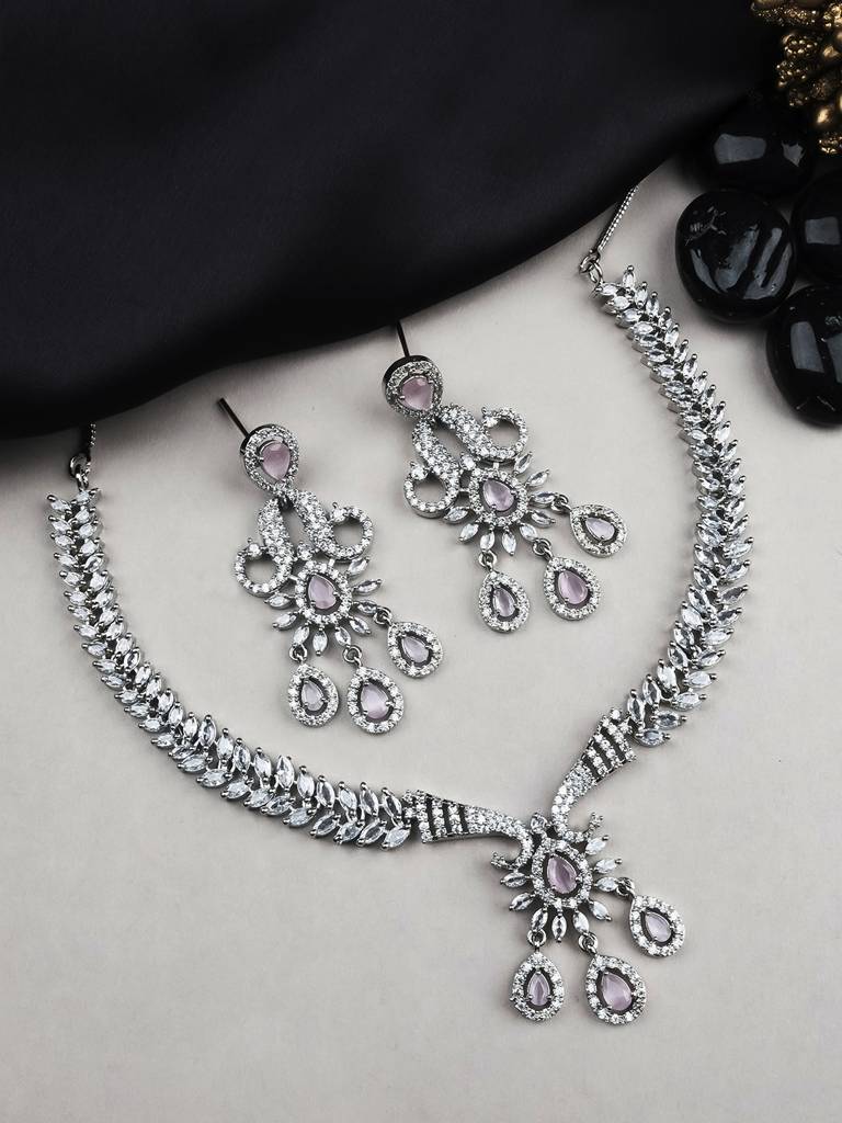 Princess Style Flower Ad Necklace Set With Long Earrings Set For Women/Girls - Wedding Jewelry/Party & Festival Ac : AD137PINK