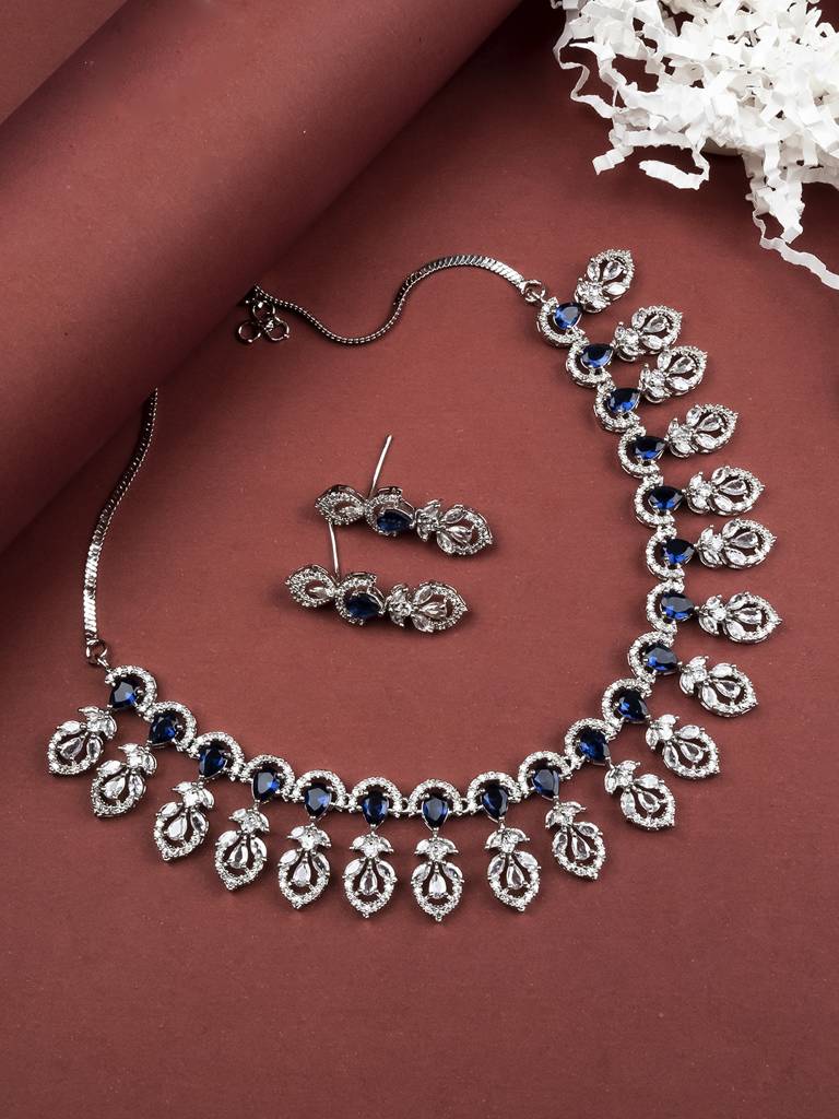 Elegant Leaf Style American Diamond Necklace Set With Sleek Earrings : AD138BLUE