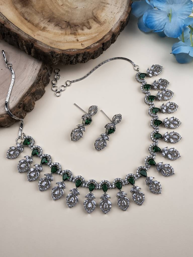 Elegant Leaf Style American Diamond Necklace Set With Sleek Earrings : AD138GREEN