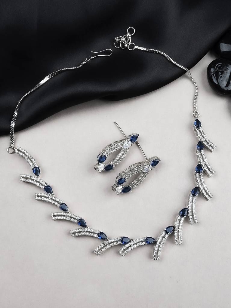 Sleek Luxurious Symmetrical Line Ad Necklace Set For Weddings, Parties And Festivals : AD139BLUE