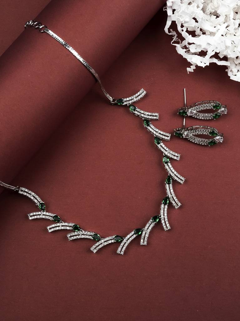 Sleek Luxurious Symmetrical Line Ad Necklace Set For Weddings, Parties And Festivals : AD139GREEN