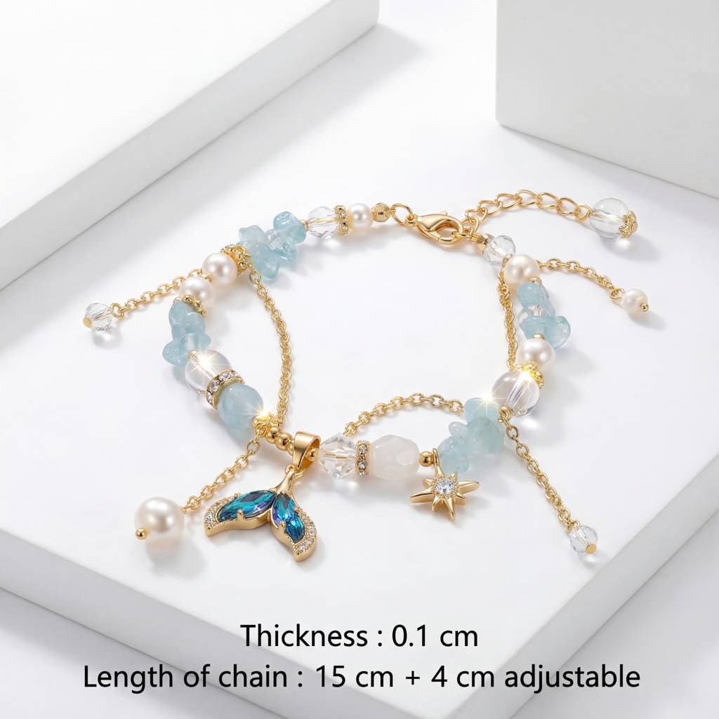 Korean Azure Mermaid & Star Layered Charm Bracelet : YUFSBR222