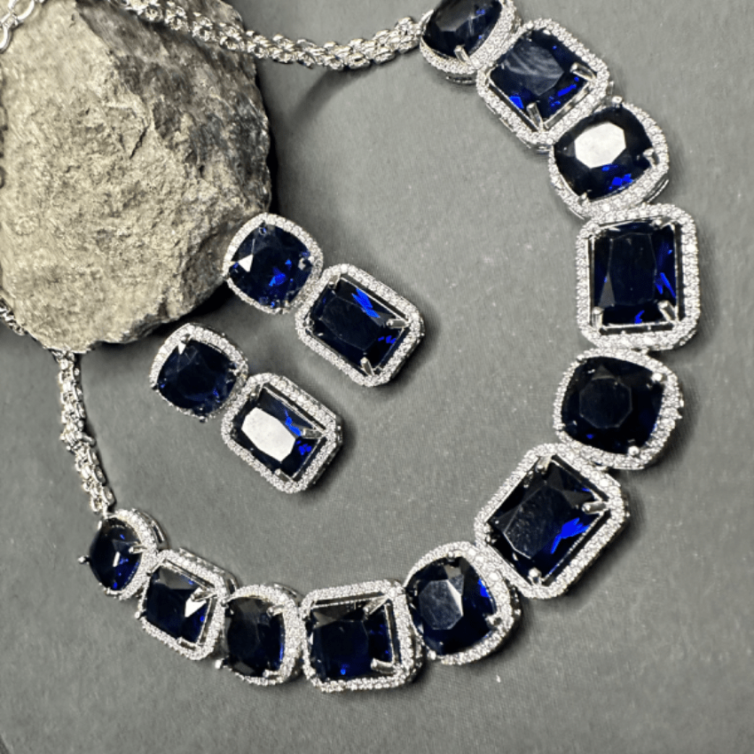 Sapphire Blue American Diamond Doubletwedding Jewellery Set : az1160gf