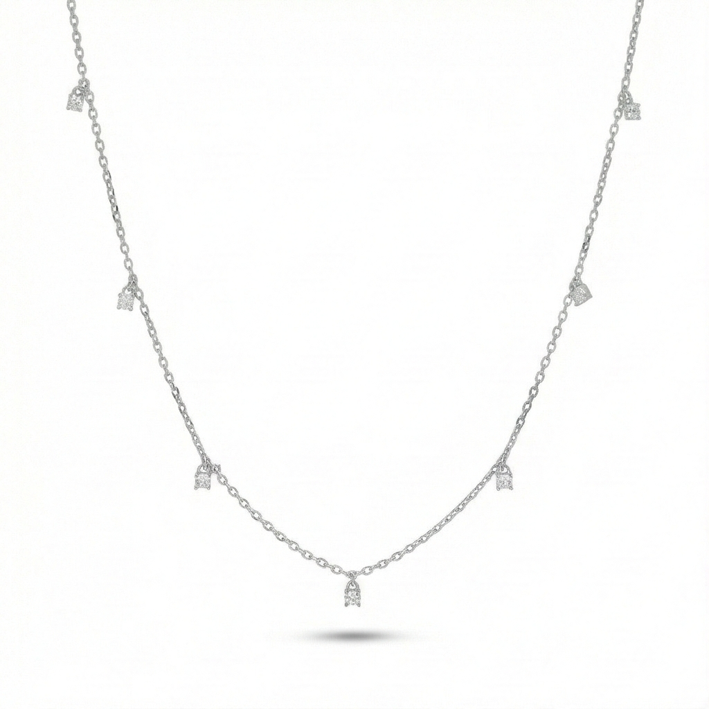 925 Sterling Silver Minimalist Dainty Solitaire Drop Station Necklace Jewellery For Women : AG0202-10