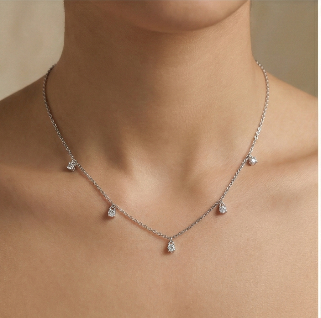 925 Sterling Silver Minimalist Dainty Solitaire Drop Station Necklace Jewellery For Women : AG0202-10