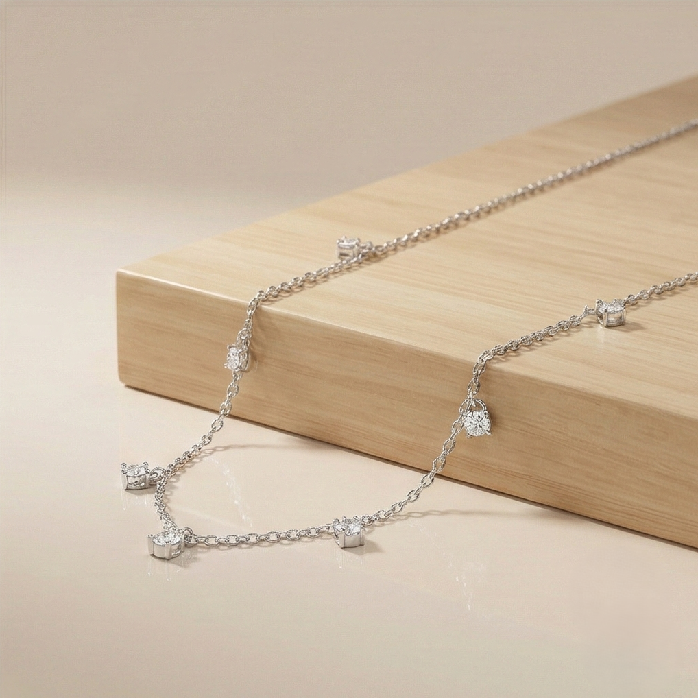 925 Sterling Silver Minimalist Dainty Solitaire Drop Station Necklace Jewellery For Women : AG0202-10