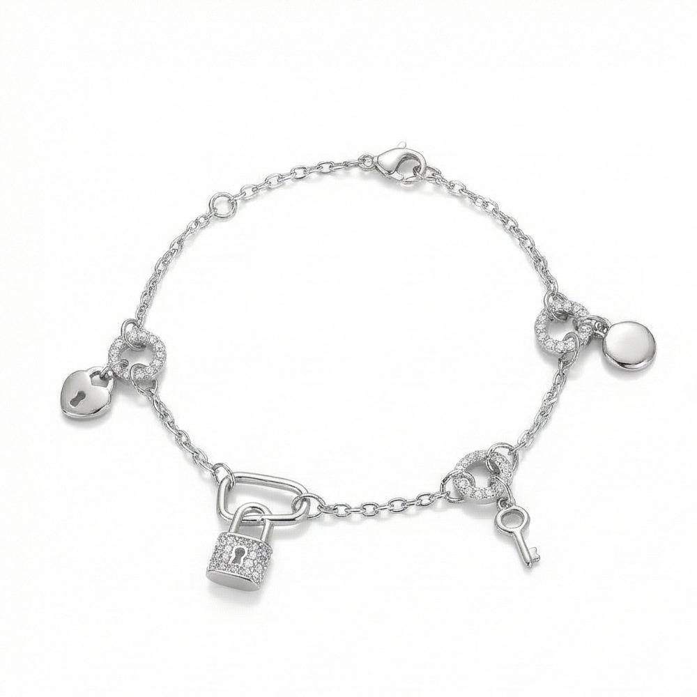 925 Sterling Silver Lock And Key Charm Bracelet Silver Finish Jewellery : AG0202-100