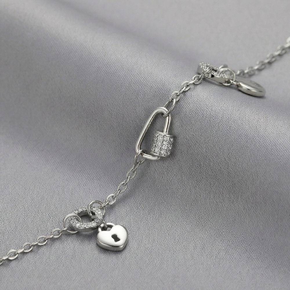 925 Sterling Silver Lock And Key Charm Bracelet Silver Finish Jewellery : AG0202-100