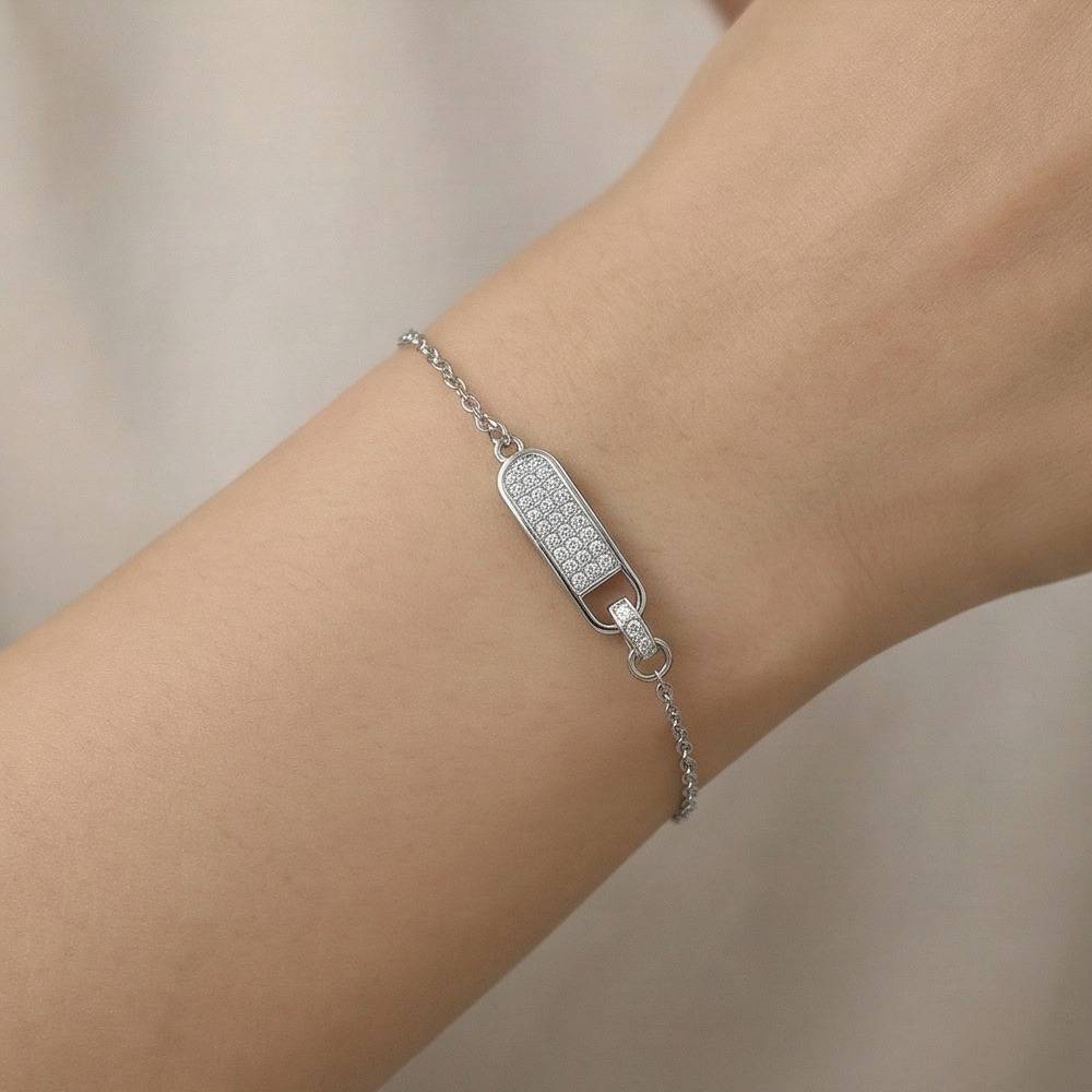 925 Sterling Silver Pave Set Geometric Capsule Bar Bracelet Silver Finish Jewellery : AG0202-101