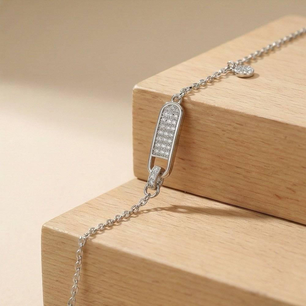 925 Sterling Silver Pave Set Geometric Capsule Bar Bracelet Silver Finish Jewellery : AG0202-101